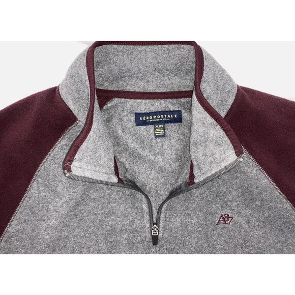 Aeropostale Fleece Burgandy Gray 1/4 Zip Mock Neck Sweatshirt Mens Medium - Picture 2 of 8